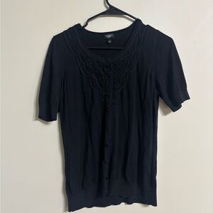 Talbots Black Short Sleeve Cardigan Silk Cotton Blend Size 1X Soutache Appliqué
